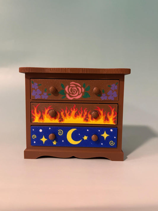 Fantasy inspired dresser bookshelf decor